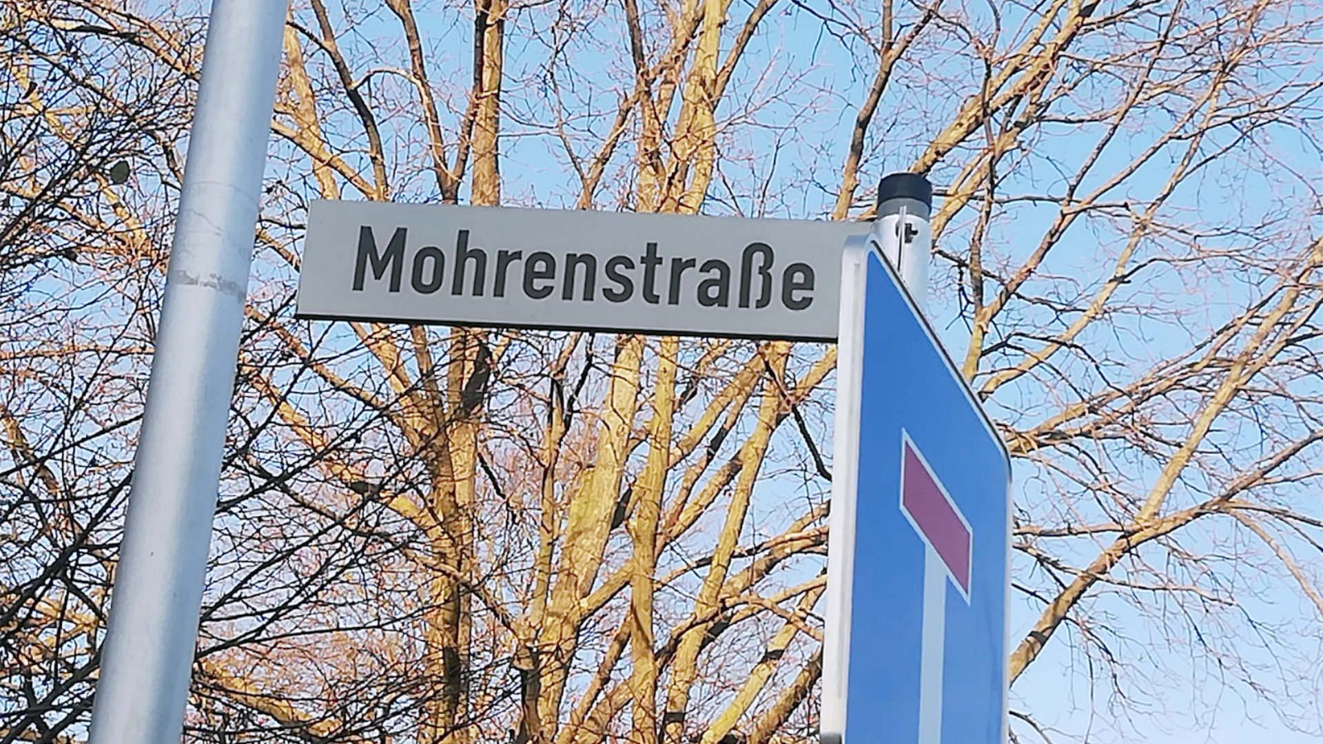 Mohrenstraße in Radebeul West Straßenschild mit einem Baum im Hintergrund Sackgasse Schild im Winter Januar 2025