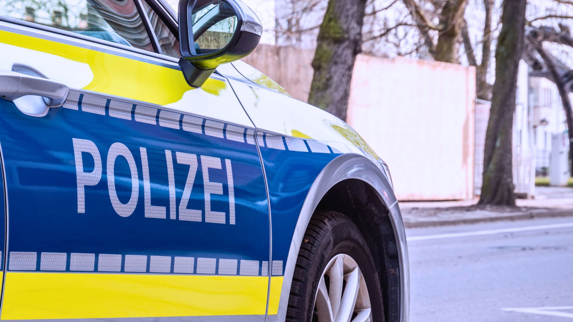 Polizeiauto von der Seite auf einer Straße im Winter bei Sonnenlicht