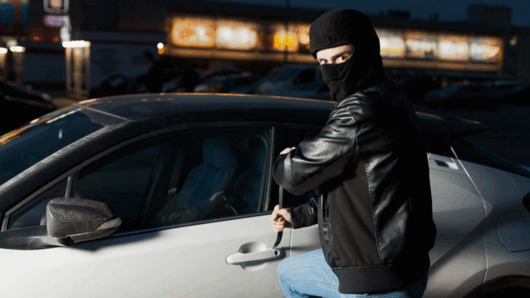 Ein Dieb mit einer Sturmhaube klaut ein weißes Sportauto mit einer Brechstange in der Hand