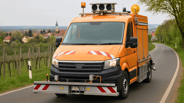 Messauto auf einer fiktiven Landstraße in Radebeul, KI Generiertes Bild, Baustellenauto Messung, Straßen Messfahrzeug