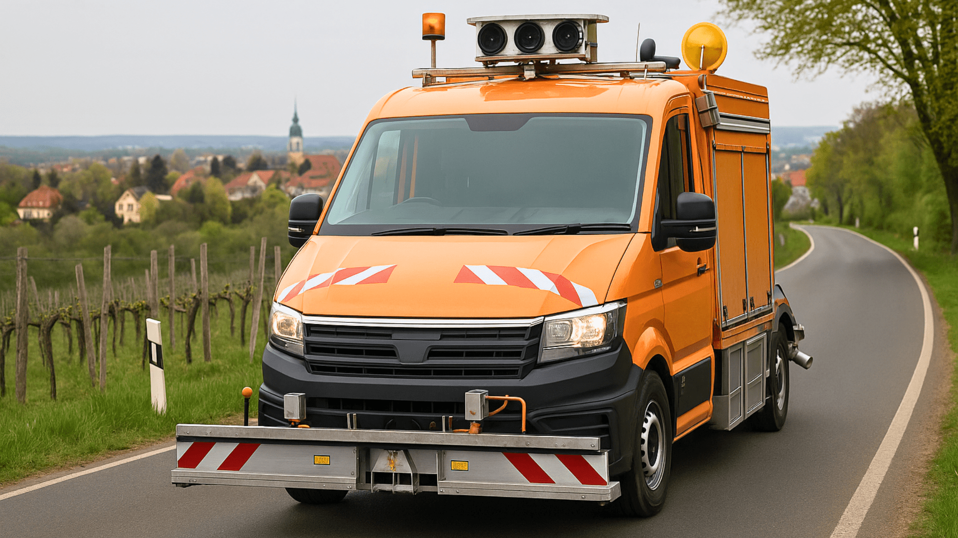 Messauto auf einer fiktiven Landstraße in Radebeul, KI Generiertes Bild, Baustellenauto Messung, Straßen Messfahrzeug