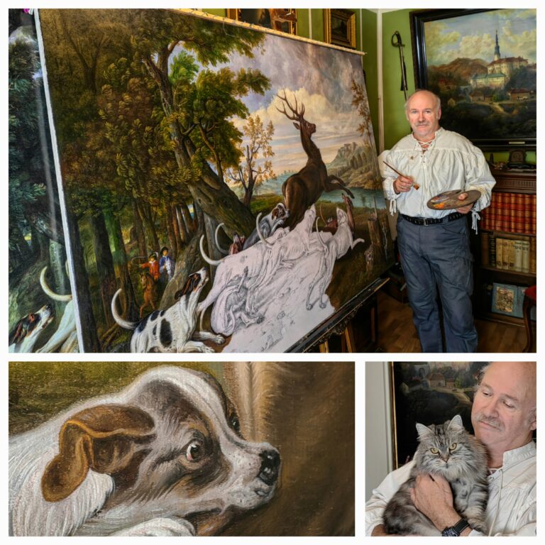 Roland Schwenke malt derzeit an einer Jagdszene für Schloss Proschwitz - sein vielleicht letztes Großformat, sagt der 72-Jährige.