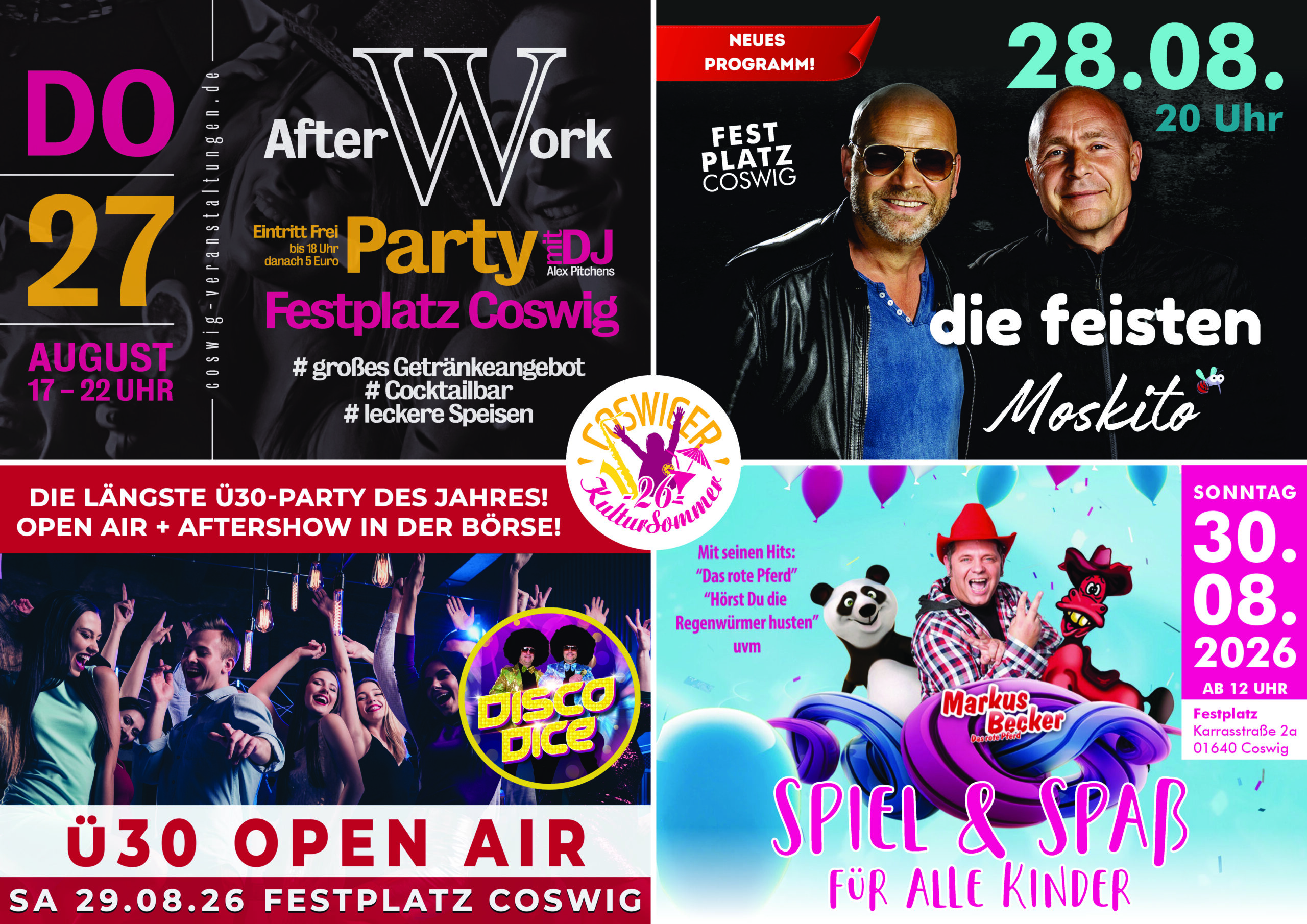 Der Coswiger Kultursommer startet: Vom 27. bis 30. August warten Afterworkparty, Comedy, Ü30-Party, Live-Musik und Familienfest. Foto © Coswig