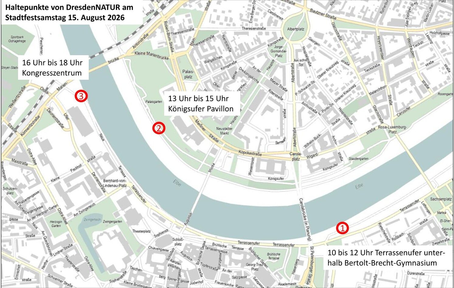 Das Projektteam macht am 15. August an diesen drei Standorten Halt und lädt zum Austausch ein. Quelle © Dresden