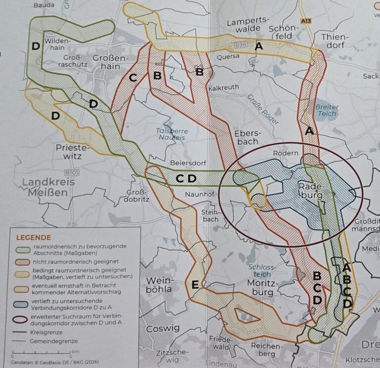 Der Raum Radeburg oder der Raum Moritzburg/Weinböhla/Coswig - zur Debatte stehen diese Trassen-Varianten. Quelle © 50Hertz