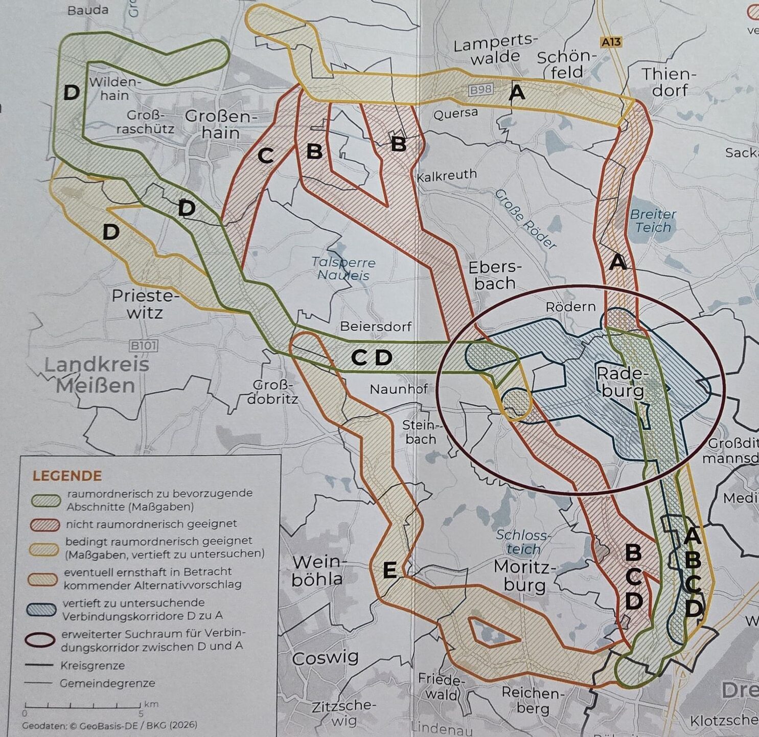 Der Raum Radeburg oder der Raum Moritzburg/Weinböhla/Coswig - zur Debatte stehen diese Trassen-Varianten. Quelle © 50Hertz