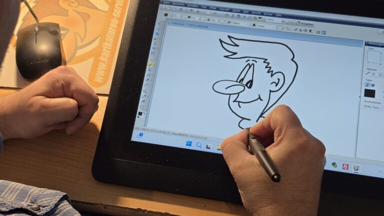 Dirk Müller zeichnet individuelle Knollennasen-Karikaturen nach Foto. Persönliche Comic-Porträts mit Kultfaktor als Geschenk für Familie, Freunde und Firmen. Foto © Branczeisz