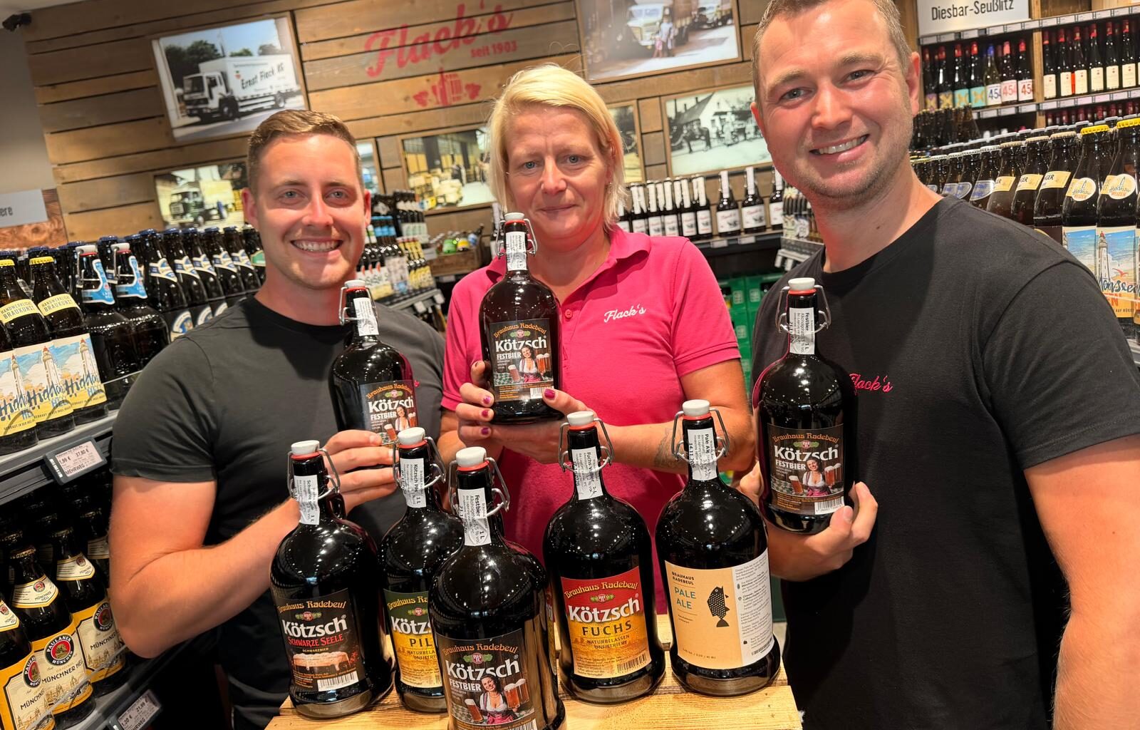 Alexander Zach, Evelyn Wolf und Rocco Springer von Flacks Getränke Feinkost & Vinothek in Radebeul. Foto © Schinew